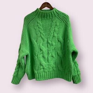 Cocomore Lime Green Cable Knit Sweater OS Pullover Hi Neck